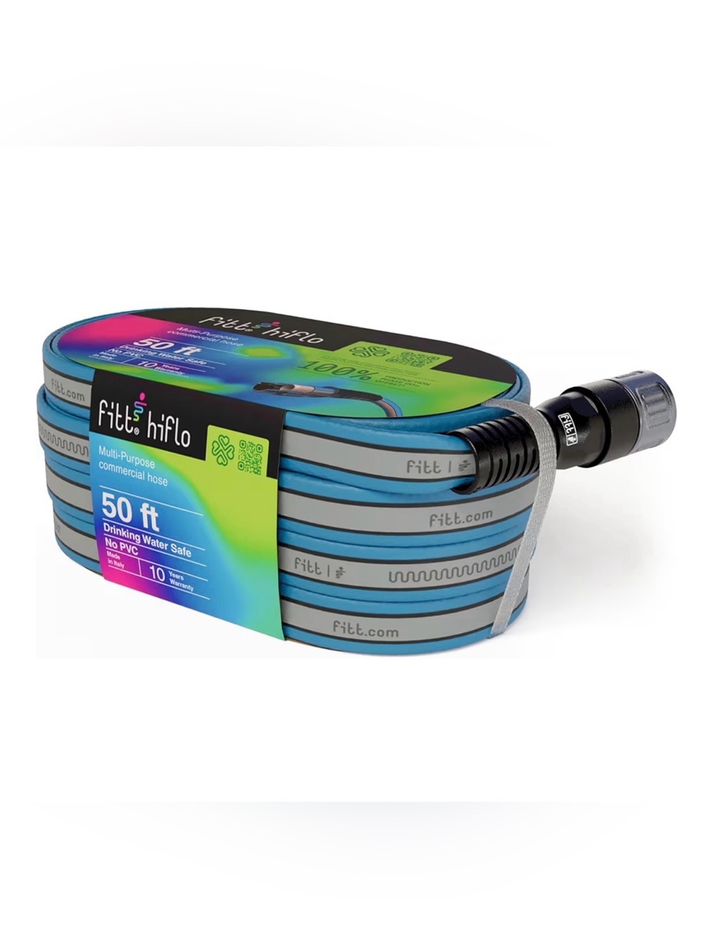 FITT HiFlo Water Hose 50 feet, Multipurpose Flat Garden Hose, Blue & Grey No PVC